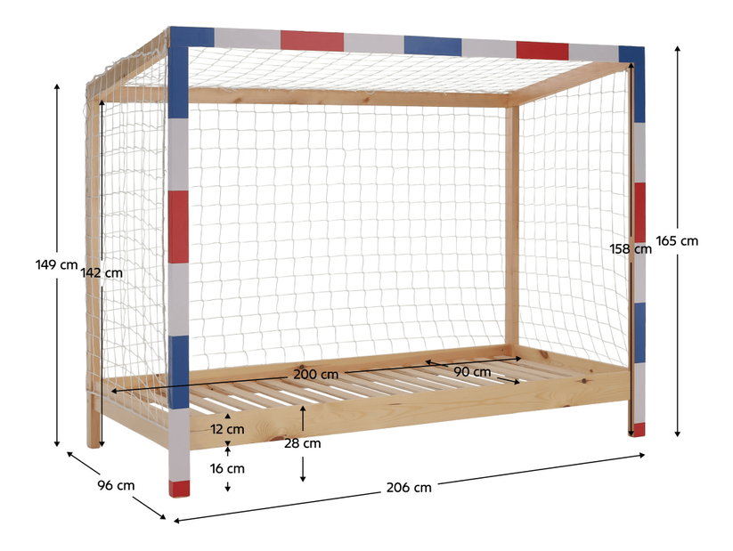 Pat pentru copii 90 cm Facilmente (natural + albastru + roșu) (cu somieră)