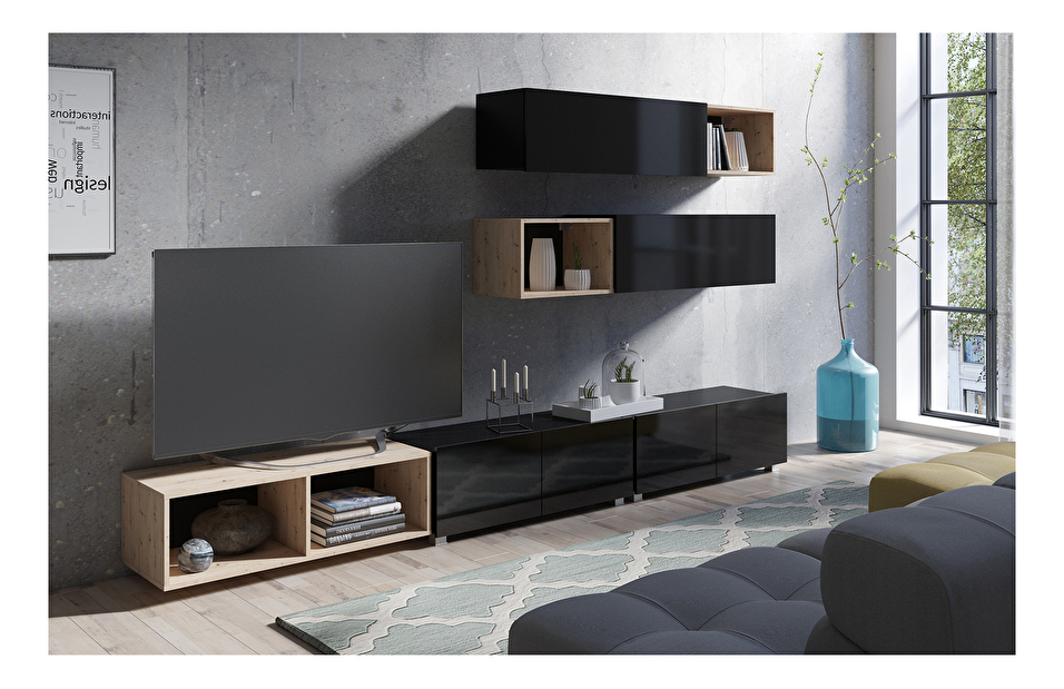 Mobilier living Calabria C25 BLACK (Negru + Stejar artisan) (fără iluminat)