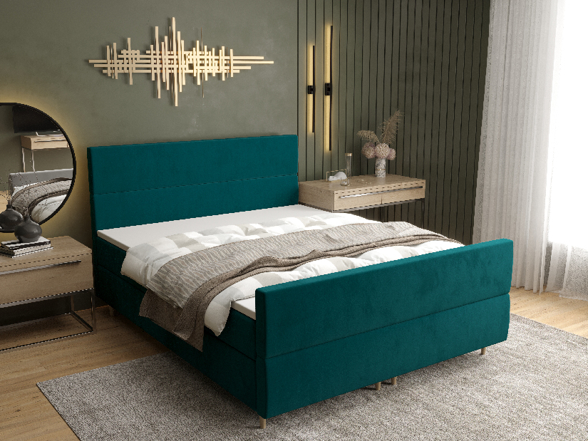 Pat matrimonial Boxspring 140 cm Flu Plus Comfort (verde închis) (cu saltea și sp. depozitare)