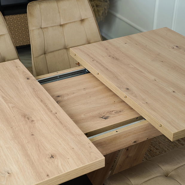 Masă sufragerie extensibilă Comentado (stejar artisan + negru) (pentru 4-6 persoane)