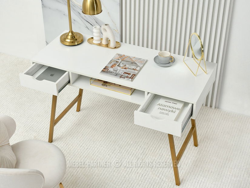 Masă PC Gavon (lemn alb + auriu)