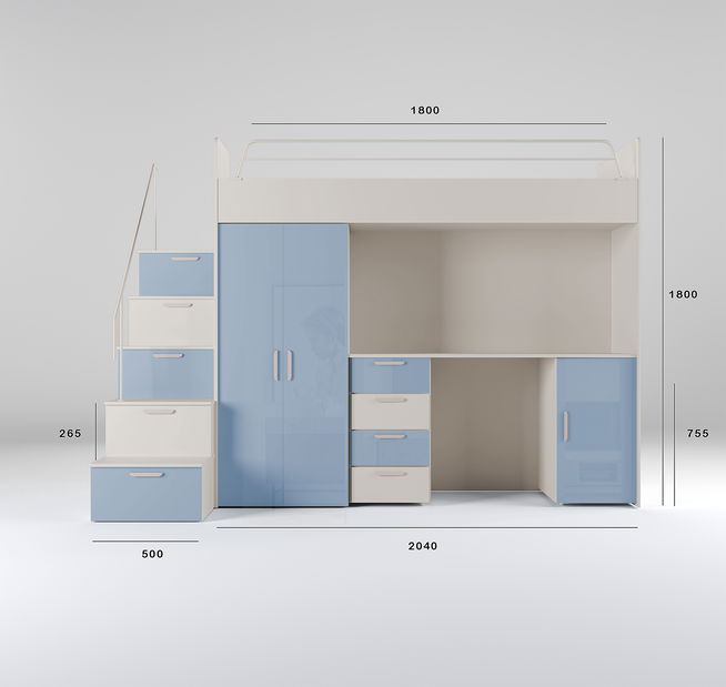 Pat pentru copii Ruby IV S (cașmir + albastru deschis lucios) (cu somiere)