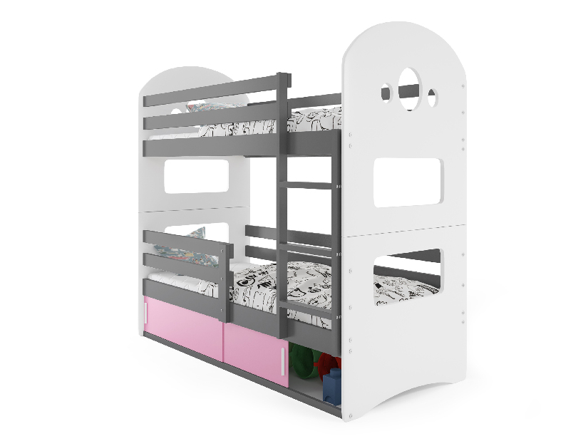 Krevet na kat 80 x 160 cm Domur (grafit + ružičasta) (s podnicom, madracem i prostorom za odlaganje)