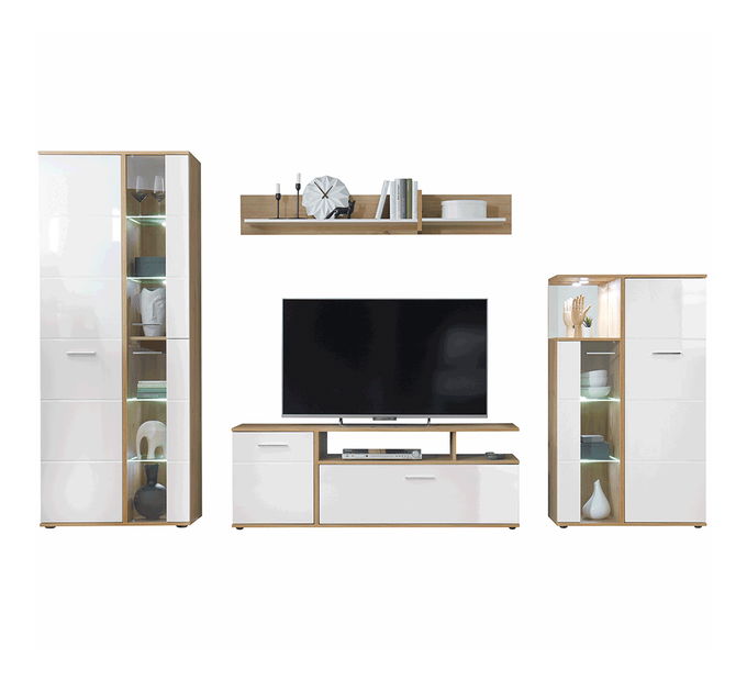 Set za dnevni boravak Ralano (visoki bijeli sjaj + hrast artisan) (s LED rasvjetom)