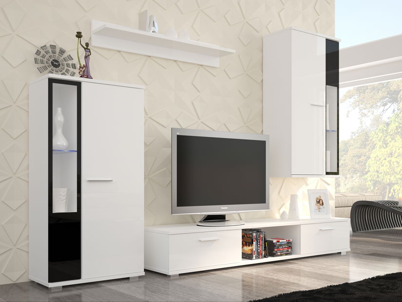 Mobilier living Levan (Alb lucios + Negru lucios) (cu iluminat)