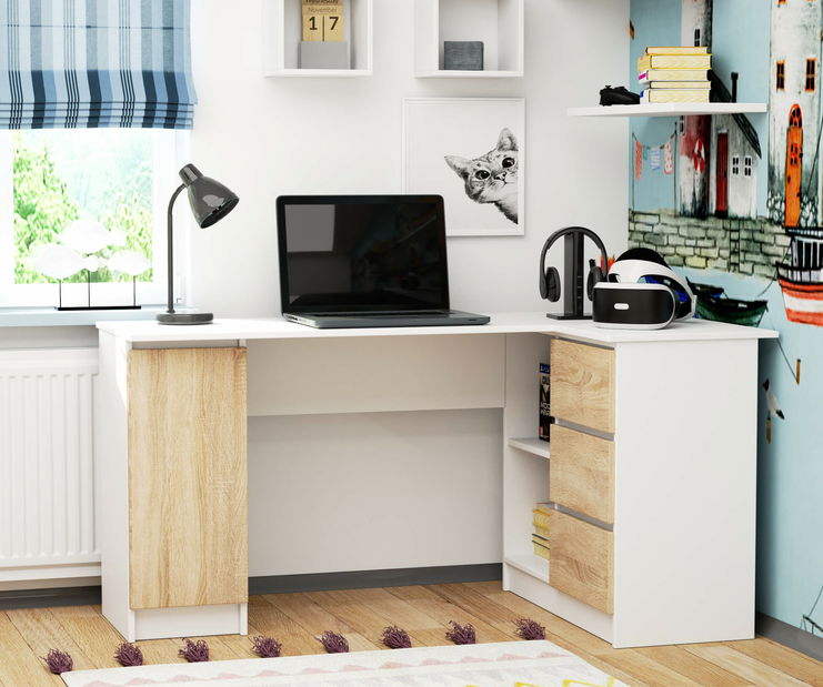 Sarok PC asztal Bevin (fehér + szonoma tölgy) (J)