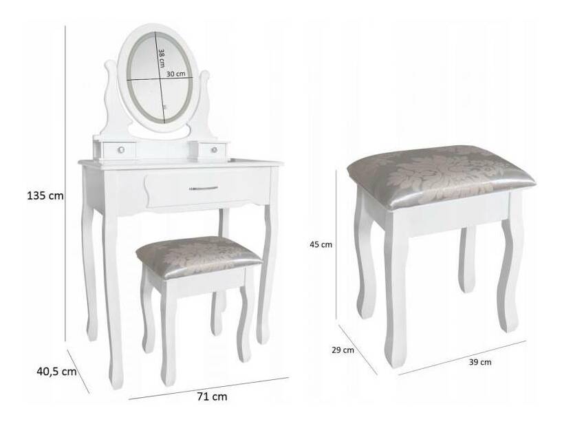 Fésülkődőasztal zsámollyal Sophiina (LED világítással) (fehér)