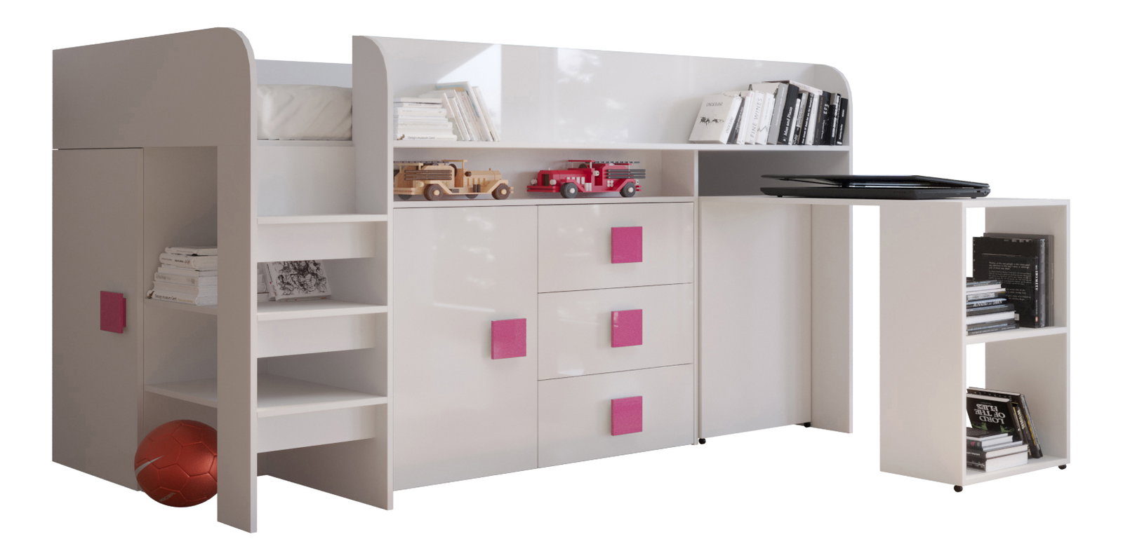 Detská kombinovaná posteľ 90 cm Toreno 1 (biela + biely lesk + ružové lesklé madlá)