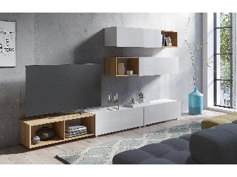 Mobilier living Calabria C25 WHITE (Alb lesklá + Stejar zlatý) (bez osvetlenia)