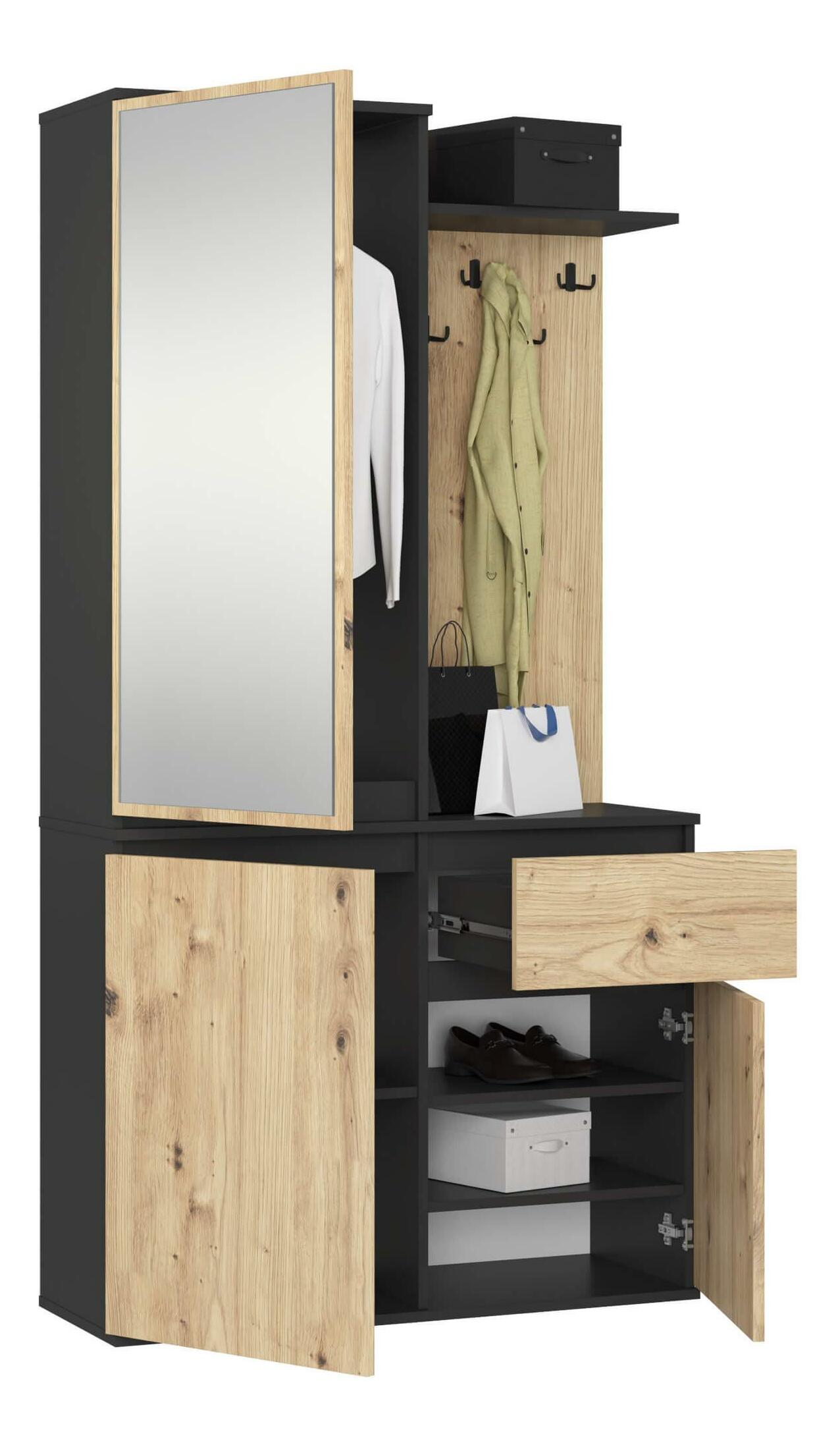 Mobilier hol Enteruno (negru + stejar craft) (cu oglindă) | Zondo.ro