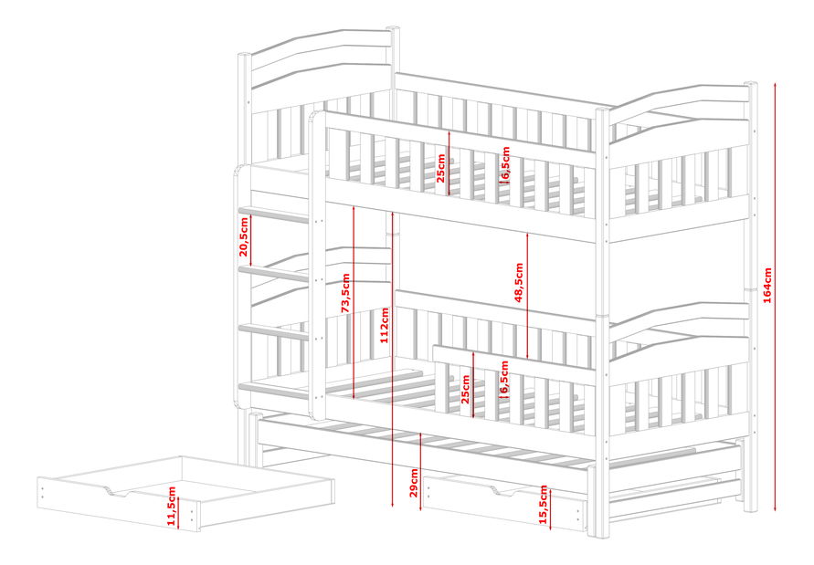 Detská posteľ 90 x 200 cm ANNETT (s roštom a úl. priestorom) (borovica)