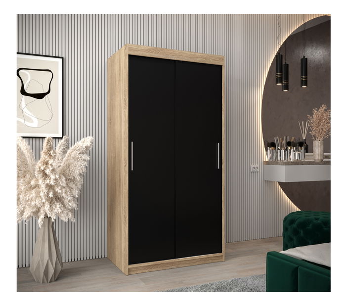 Šatníková skriňa 100 cm Toki (Dub sonoma + Čierna matná)