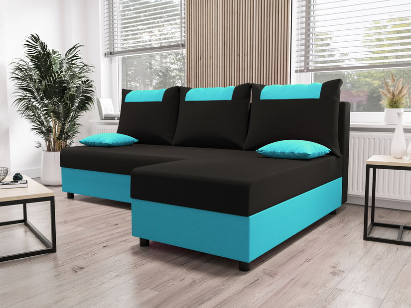 Rohová sedacia súprava Stellar L (čierna + tyrkysová) (P)