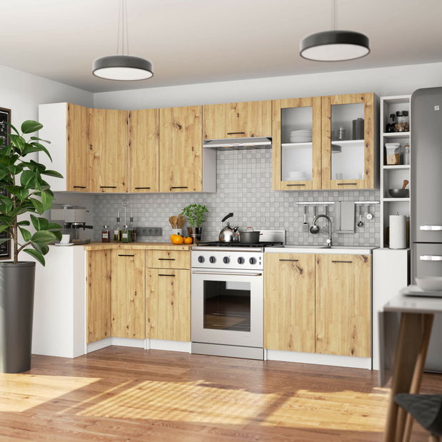 Vitrină de bucătărie superioară Organo 720 (alb + stejar artisan)