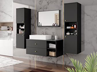 Mobilier baie Kiago III (Negru mat + Marmură Negru + auriu) 