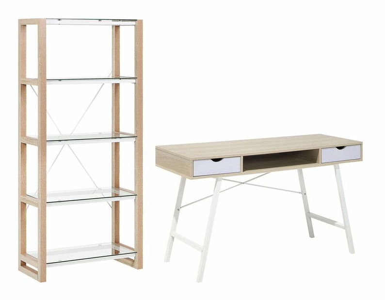 Set mobilier birou Jenza (Alb + lemn deschis)