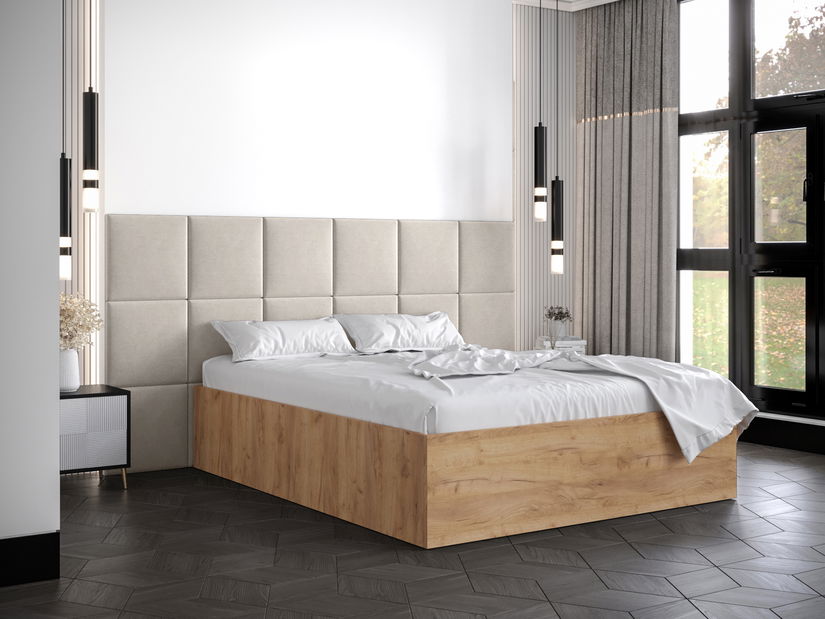 Pat matrimonial cu tăblie tapițată 160 cm Brittany 4 (Stejar craft auriu + crem) (cu somieră)