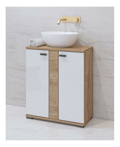 Kúpeľňová skrinka Fargall 70 (lesklá biela + dub zlatý)