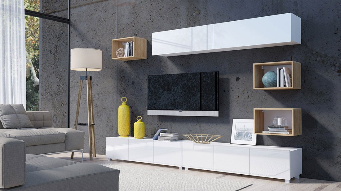 Mobilier living Badiani XXXI (alb + alb lucios + Stejar auriu)