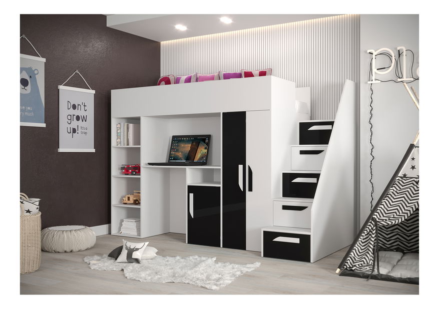 Pat pentru copii combinat 90 cm Puro 14 (alb mat + alb lucios + negru lucios)