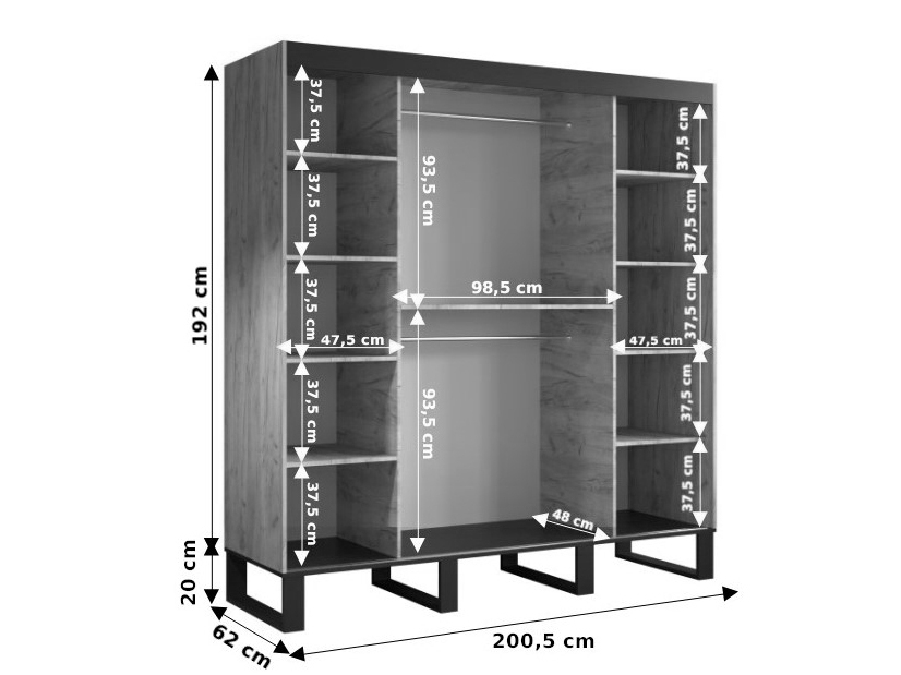 Ruhásszekrény 200 cm Lennox T2 (arany craft tölgy + fekete)