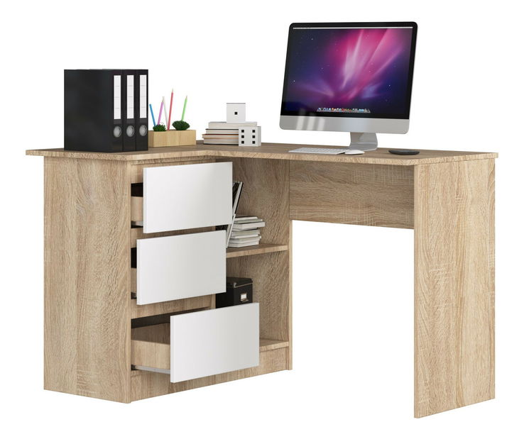 Rohový PC stolík Bodhi (dub sonoma + biela) (L)