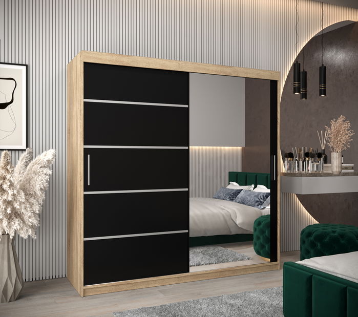 Ormar za garderobu 200 cm s ogledalom Verika 2 200 (hrast sonoma + crna)