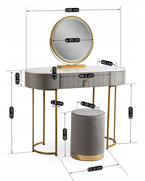 Fésülködőasztal Afecto (szürke + arany) (zsámollyal LED-es tükörrel)