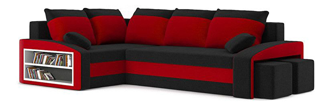Rohová sedačka Ginevra (čierna + červená) (s poličkou a taburetkou) (s bonell pružinami) (L)