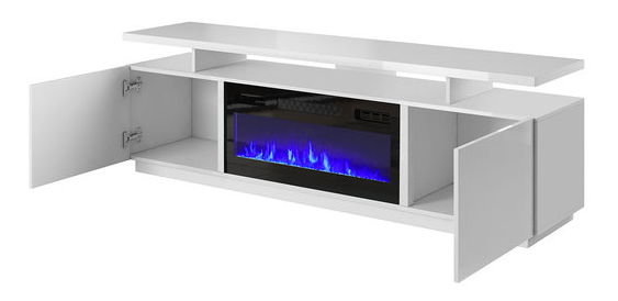 TV skrinka s krbom Anaceta (biela + lesk biely) (s LED osvetlením)