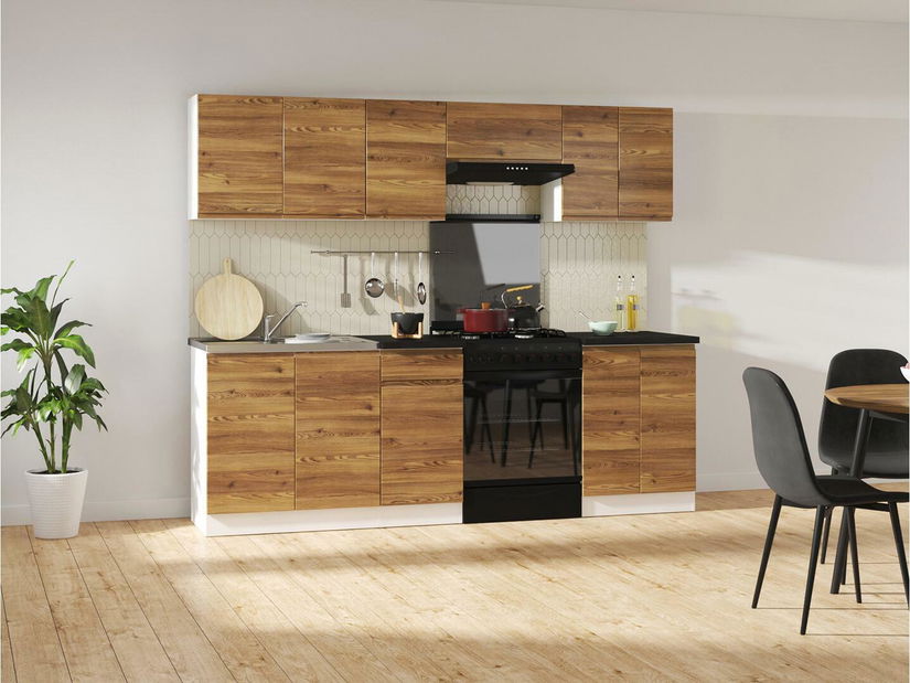 Konyhabútor 240 cm Junona Line (fényes vanília + sibiu arany fenyő + fehér)