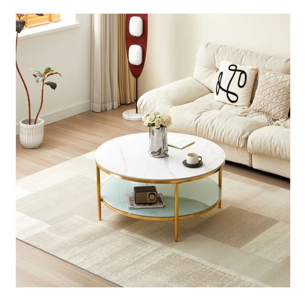 Măsuță cafea Eggerton (Marmură deschisă + crem + crom-auriu)