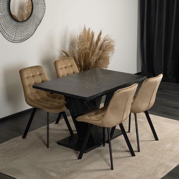 Blagovaonski stol na razvlačenje Comentado (crni mramor + zlatna) (za 4 do 6 osoba)