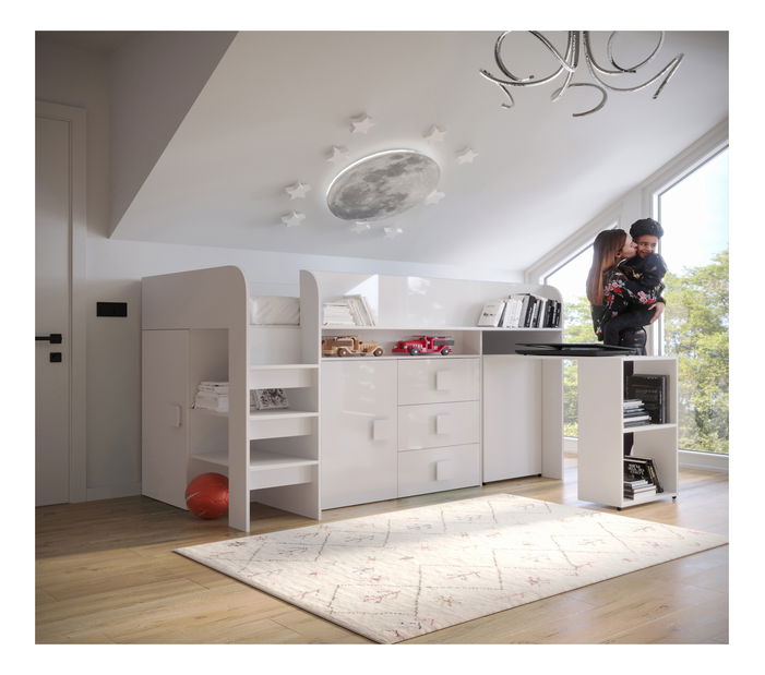 Kombinált gyerekágy 90 cm Toreno 1 (fehér + fényes fehér + fényes fehér fogantyúk)