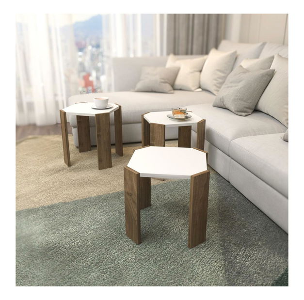 Set 3 măsuțe cafea Lorizolla (alb + nuc)