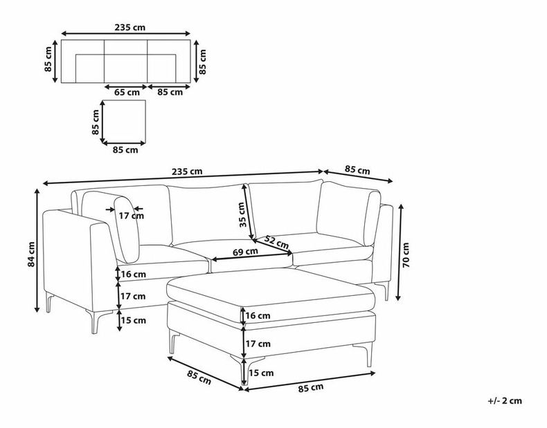Canapea trei locuri EVENA (verde) (cu taburete)
