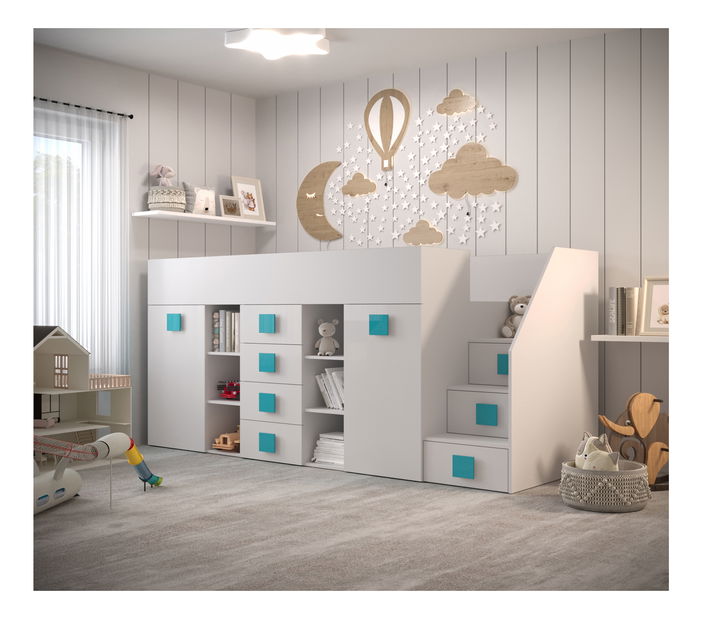 Pat multifuncțional 90 cm Toreno 3 (Alb + alb lucios + mânere turcoaz lucios) (D)