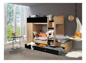 Pat pentru copii combinat 90 cm Sami 2 (Stejar artisan + negru mat + mânere albe)