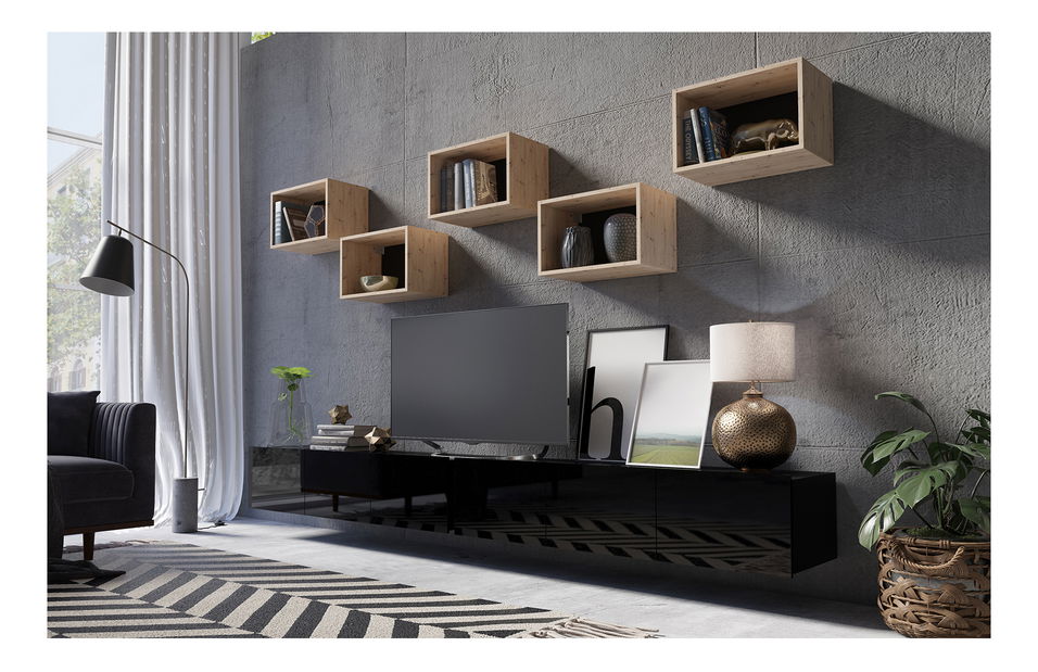 Mobilier living Calabria C32 BLACK (Negru + Stejar artisan) (fără iluminat)