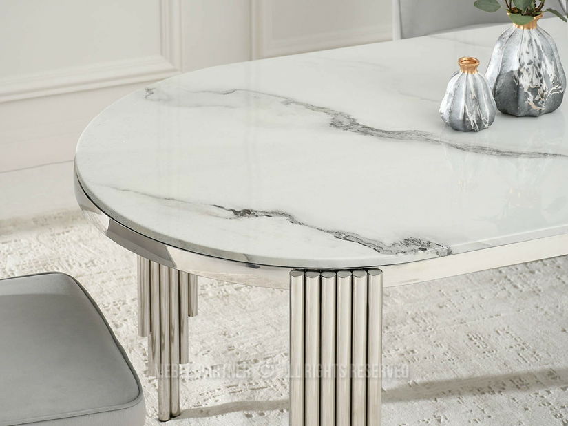 Jedálenský stôl Antiga (biely mramor + chrómová)