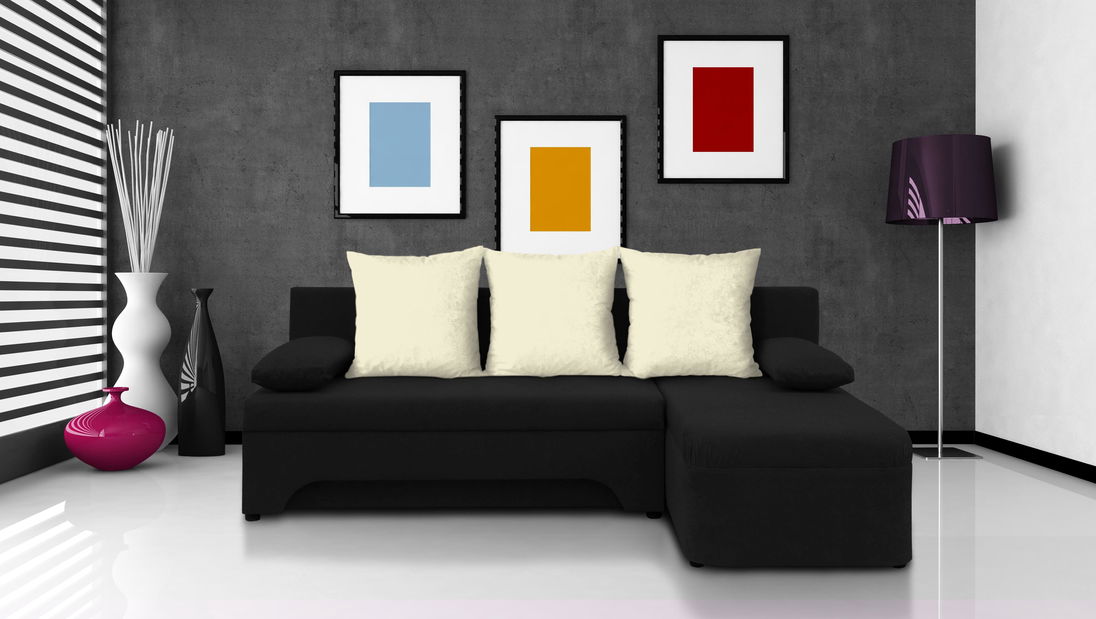 Sarok kanapé Sally fekete + krém párnák (2 tárhely, hab)