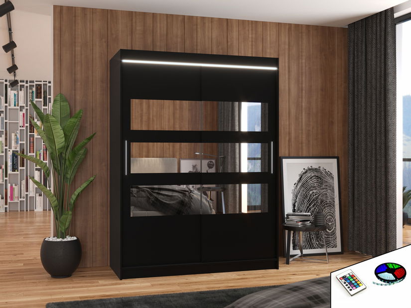 Ormar za garderobu Fioren (crna) (s LED rasvjetom) (s ogledalom)