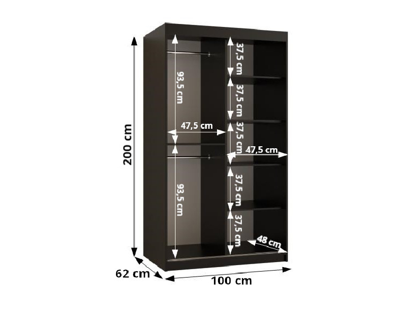 Ormar za garderobu Riven 2 100 (crna mat) (s ogledalom)