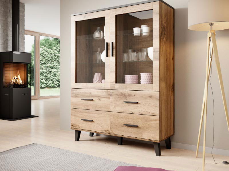 Vitrină Lester (Negru + Stejar wotan)