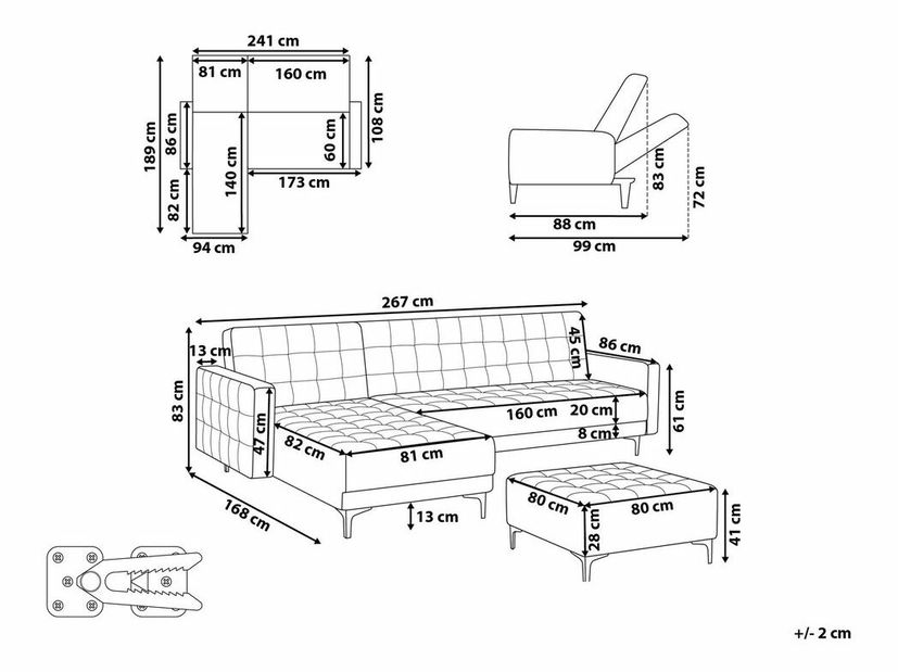 Rohová sedačka ABERLADY (sivá) (s taburetkou) (L)