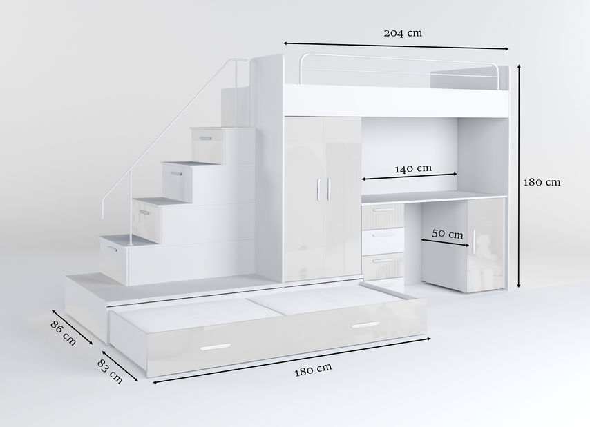 Detská posteľ Ruby V (Biela + Biela) (s roštami)