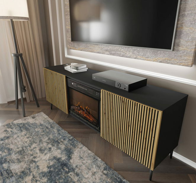 Masă TV cu bioșemineu FPB 2D 170 C Rowanna (Stejar artisan + Negru)