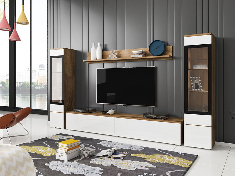 Nábytok do obývacej izby Selwyn II (wotan + biely lesk) (bez osvetlenia)