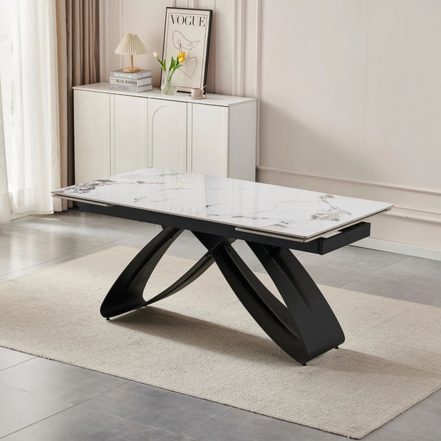 Masă sufragerie extensibilă Lungo (alb marmură + negru) (pentru 6-8 persoane)
