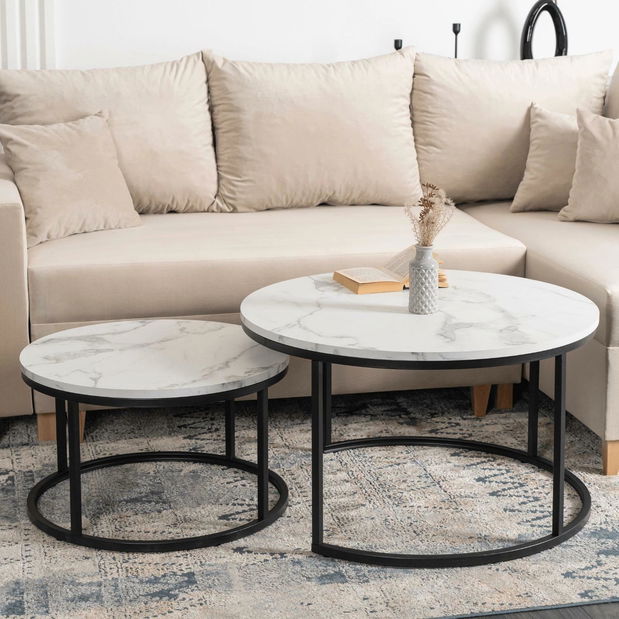 Set 2 măsuțe de cafea Delito Max (marmură alb + negru) 